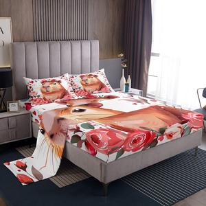 Erosebridal Комплект постельного белья Chinchilla с принтом красных роз и морских свинок, Brown Pink