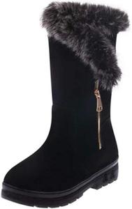 Зимние женские ботинки Bcshiye с меховой подкладкой, теплые и уютные, повседневные с боковой молнией, ботильоны на низком толстом каблуке, сапоги средней голени, Black