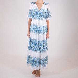 Женское платье макси с V-образным вырезом и присборенной талией Taylor, Blue Floral