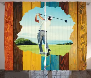 Штора ABAKUHAUS Волк в деревенском стиле, вид сзади на фигурку гольфиста, деревянная, универсальная, с петлями и крючками, для гостиной, 280 x 245 см, цвет синий и голубой Abakuhaus