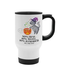 Термокружка кот ведьма котел с надписью на белом фоне Mr. & Mrs. Panda