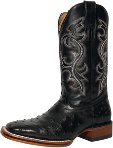 Мужские кожаные ковбойские ботинки с экзотическим принтом перьевого страуса, квадратный носок - черные Generic