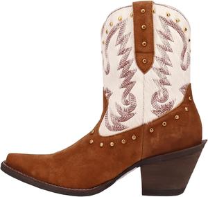Женские ковбойские ботильоны, двухцветная замша и кожа с эффектной вышивкой и заклепками, заостренный носок, массивный каблук, идеально подходят для западных родео-ботинок WINDBXYB, Brown
