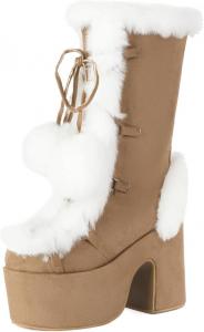 Женские зимние сапоги средней длины с подкладкой из искусственного меха, платформой и каблуком, праздничные рождественские сапоги Cantianshu, 56 Camel