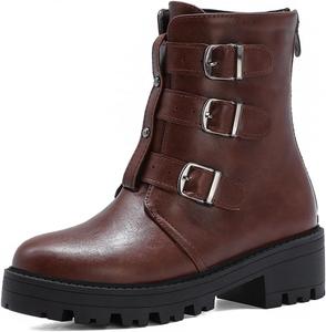 Женские ботильоны VOKLIN с пряжкой и ремешками, деловые, с круглым носком, молнией сзади, средний каблук, униформа, короткие вестерн-босоножки, Brown Tan-Velvet Lined