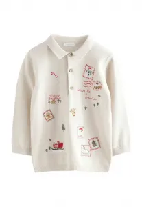 Поло-Рубашка стандартного кроя с вышивкой по всей поверхности, посвященная рождеству. Next, Cream