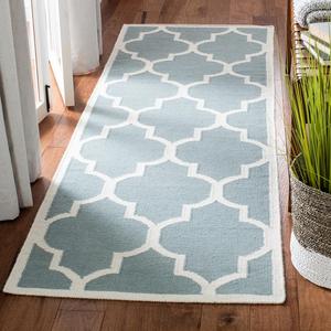 Ковер-дорожка SAFAVIEH, 77 x 183 см, Dhurries Collection, Light Blue & Ivory, ручное плоское плетение из шерсти, идеально для помещений с высокой проходимостью в гостиной, спальне (DHU632C)