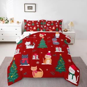 Erosebridal Комплект постельного белья Kawaii Little Cat с рождественской тематикой и милыми котятами в красной расцветке, Green Grey Red White Red