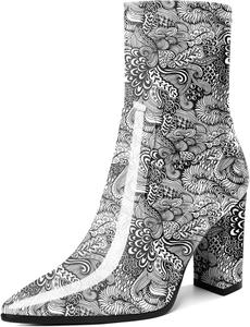 Женские ботильоны AUMOTED с блок-каблуком, утолщенным высоким каблуком, короткие ботинки с заостренным носком, боковой молнией, модные и удобные туфли-боути на каблуке 3,4 дюйма, Flower White