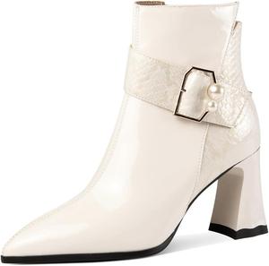 Женские ботильоны на высоком массивном каблуке TinaCus с заостренным носком, выполненные вручную из лакированной кожи, с молнией и пряжкой с жемчугом, Beige