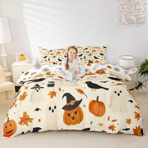 Erosebridal Комплект постельного белья Happy Halloween с принтом воронов, тыкв и привидений в готическом стиле, Orange White