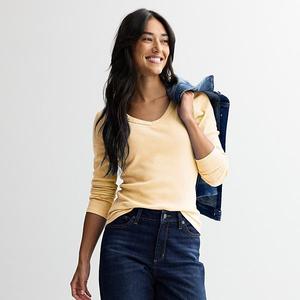 Женская футболка с длинным рукавом и V-образным вырезом Sonoma Goods For Life, Yellow White Chip