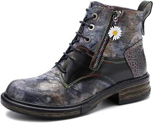 Женские кожаные ботильоны с низким плоским каблуком, шнуровкой, модные повседневные ботинки, удобные короткие ботинки, зимние ботинки с узором из цветов, ручная работа, винтажная обувь NUHEEL, Grey