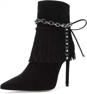 Женские модные ботильоны FSJ с бахромой, металлическими цепочками, заостренным закрытым носком, шпилькой, высокие каблуки, короткие ботинки из замши с боковой молнией, осенне-зимняя обувь для женщин, размеры 4-15 US, Black