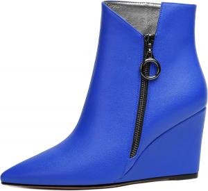Женские ботильоны на танкетке Joseywade с заостренным носком, молнией и мехом, высота каблука 3,5 дюйма, короткие ботинки, Matte Royal Blue