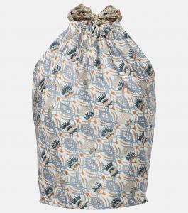 Аннет топ-халтер из шелка с принтом Loro Piana, Chalk/Deep Lagoon Wa