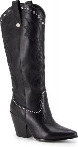 Женские ковбойские сапоги до колена с вышивкой, заостренным носком, массивным высоким каблуком и широкой голенью GOGD, Black