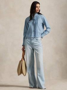 Хлопковая рубашка с рюшами из шамбре Ralph Lauren, Light Blue