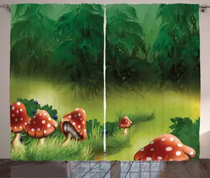Штора ABAKUHAUS "Грибной деревенский", "Сказочная страна дикой магии", присборенная штора из тесьмы для спальни с петлями и крючками, 280 x 245 см, цвет: яблочно-зеленый, папоротниковый Abakuhaus
