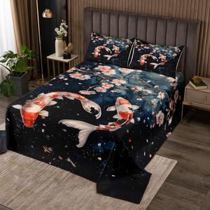 Erosebridal Комплект постельного белья Koi Fish King с розовым цветущим сакура в японском стиле, Pink Teal