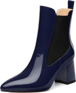 Женские ботильоны с высоким массивным каблуком, заостренным носком, из лакированной кожи, элегантные классические модные короткие ботинки на осень-зиму, каблук 2,5 дюйма DEMOSHINE, Navy Blue
