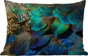 Подушка для улицы - Перья - Павлиньи перья - Павлин - Синий - Искусственные - 50 x 30 см - Устойчивы к атмосферным воздействиям - Подушка для отдыха - Подушка для дивана - Украшение для гостиной MuchoWow