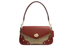 Сумка через плечо из лакированного холста с отделкой из тисненой кожи женская цвета хаки с терракотовым оттенком COACH