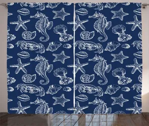 Штора ABAKUHAUS "Подводный деревенский", ракушки, морские коньки, крабы, универсальные ленточные шторы для гостиной с петлями и крючками, 280 x 225 см, темно-синий с белым Abakuhaus