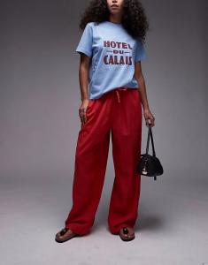 Льняные брюки-баллоны красного цвета Topshop