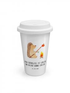 Mr. & Mrs. Panda Кофейная кружка на вынос с изображением ежика, жарящего мясо на гриле, и надписью белого цвета