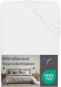 Простыня на резинке DreamScience Microfleece 140x200 - 160x200 см, белая, для матрасов высотой до 22 см - мягкая и согревающая простыня на резинке NYVI