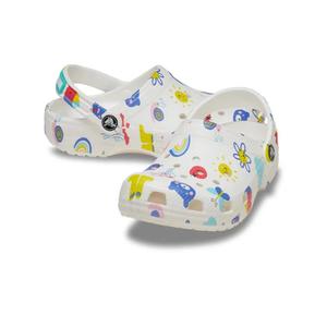 Детские сабо Crocs Classic 210356-94S, белые, с разноцветным рисунком, удобные, NIN242