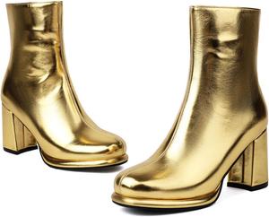 Женские кожаные ботильоны на массивном каблуке с круглым носком, боковой молнией, легкие, с высокими толстым каблуком, короткие праздничные ботинки для вечеринок, выпускного или свиданий NEJKG, Gold