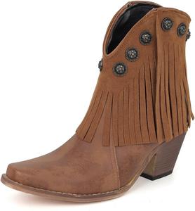 Женские ковбойские ботинки MRKEWUNEY с бахромой, на массивном каблуке, укороченные, с заостренным носком и кисточками, 15 Brown