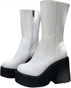 Женские готические ботильоны на танкетке до середины икры с платформой и молнией, панк-мотоциклетные ботинки с закругленным носком и массивным каблуком Generic, White