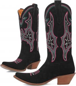 Женские замшевые ковбойские сапоги SHODENSE до середины икры с вышивкой, каблук «ста́к», заостренный носок, стиль вестерн, сапоги до икры, на низком широком каблуке, повседневные винтажные сапоги для ковбойшики, размеры 4-11 M US, Suede Black