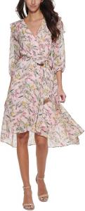 Платье Tommy Hilfiger с принтом и рукавами-фонариками, имитацией запаха, Pink