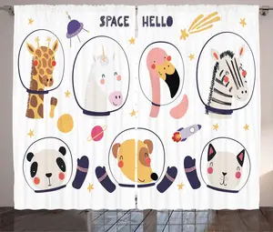 Штора ABAKUHAUS "Животные в деревенском стиле", рисунок "Забавные астронавты", универсальная, для гостиной, с петлями и крючками, 280 x 225 см, темно-фиолетовый, серо-горчичный Abakuhaus