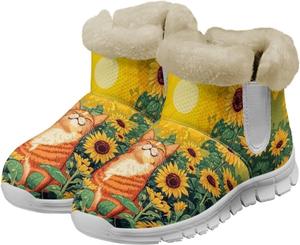 Женские зимние сапоги с меховой подкладкой, теплые и удобные, на молнии, ботильоны для улицы с противоскользящей подошвой, короткие сапожки размер US 6-12 Qoiuvncy, Cat Sunflower