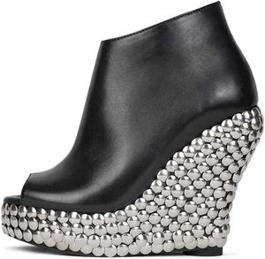 Женские стильные ботильоны FSJ с открытым носком на высокой танкетке, заклепками, платформой и боковой молнией, модная обувь для вечеринок и концертов, размеры 4-16 US, Black