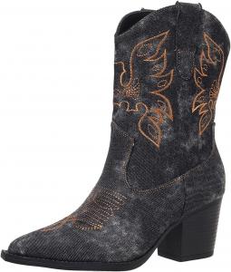 Женские ковбойские ботинки HINDOLA с вышивкой, короткие западные ботильоны для девушек, низкий массивный каблук, классические ботильоны до щиколотки, Black Ankle Cowboy Boots