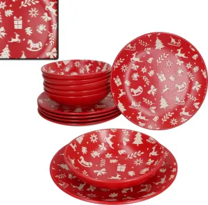 Набор столовых приборов из 12 предметов, Адвент, на 6 персон, обеденные тарелки, суповые тарелки, красный, Рождество MamboCat