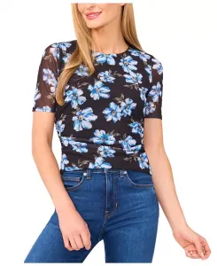 Женский топ с коротким рукавом, сборками по боку и сетчатыми вставками CeCe, мультиколор