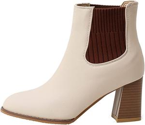 Женские ботильоны VOKLIN с массивным каблуком, круглый носок, кожаные, с эластичной боковой вставкой, нарядные короткие ботинки, Beige-Velvet Lined