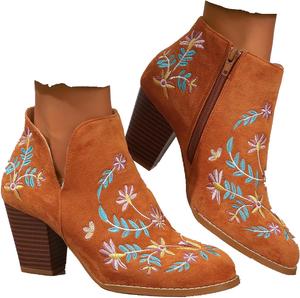Женские ботильоны SACFOF Челси с вышивкой, закрытый носок, набивной каблук, боковой ремешок, имитация замши, праздничные сандалии, Brown