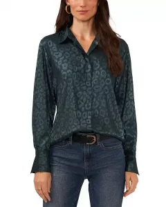Женская блузка , зеленая, с принтом, длинными рукавами, на пуговицах, в стиле преппи, ERK1791 Vince Camuto