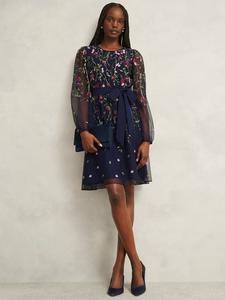 Платье миди Emmy Floral с длинными пышными рукавами и круглым вырезом Hobbs