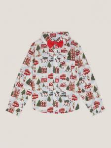 Детская хлопковая рубашка с длинным рукавом и новогодним принтом Monsoon, Ivory