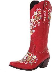 Женские ботильоны ZBYY с вышивкой цветов, средней длины до голени, квадратный носок, ковбойские сапоги с массивным каблуком, короткие ботинки вестерн, Red