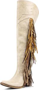 Женские ковбойские сапоги выше колена с бахромой и регулируемой длиной до бедра MissHeel, Beige